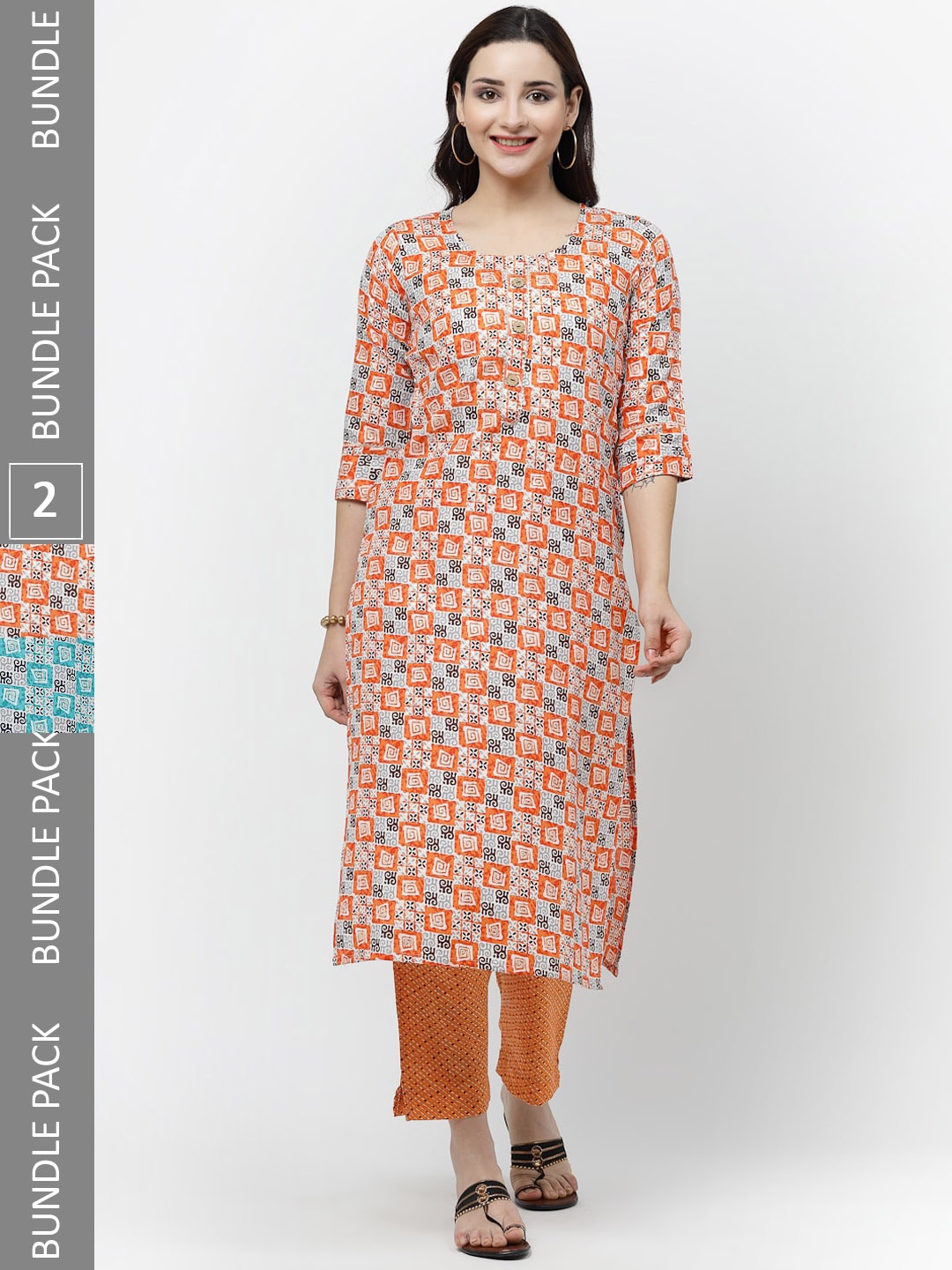 

KALINI Pack Of 2 Geometric Printed Gotta Patti Pure Cotton Kurta With Trousers, Orange