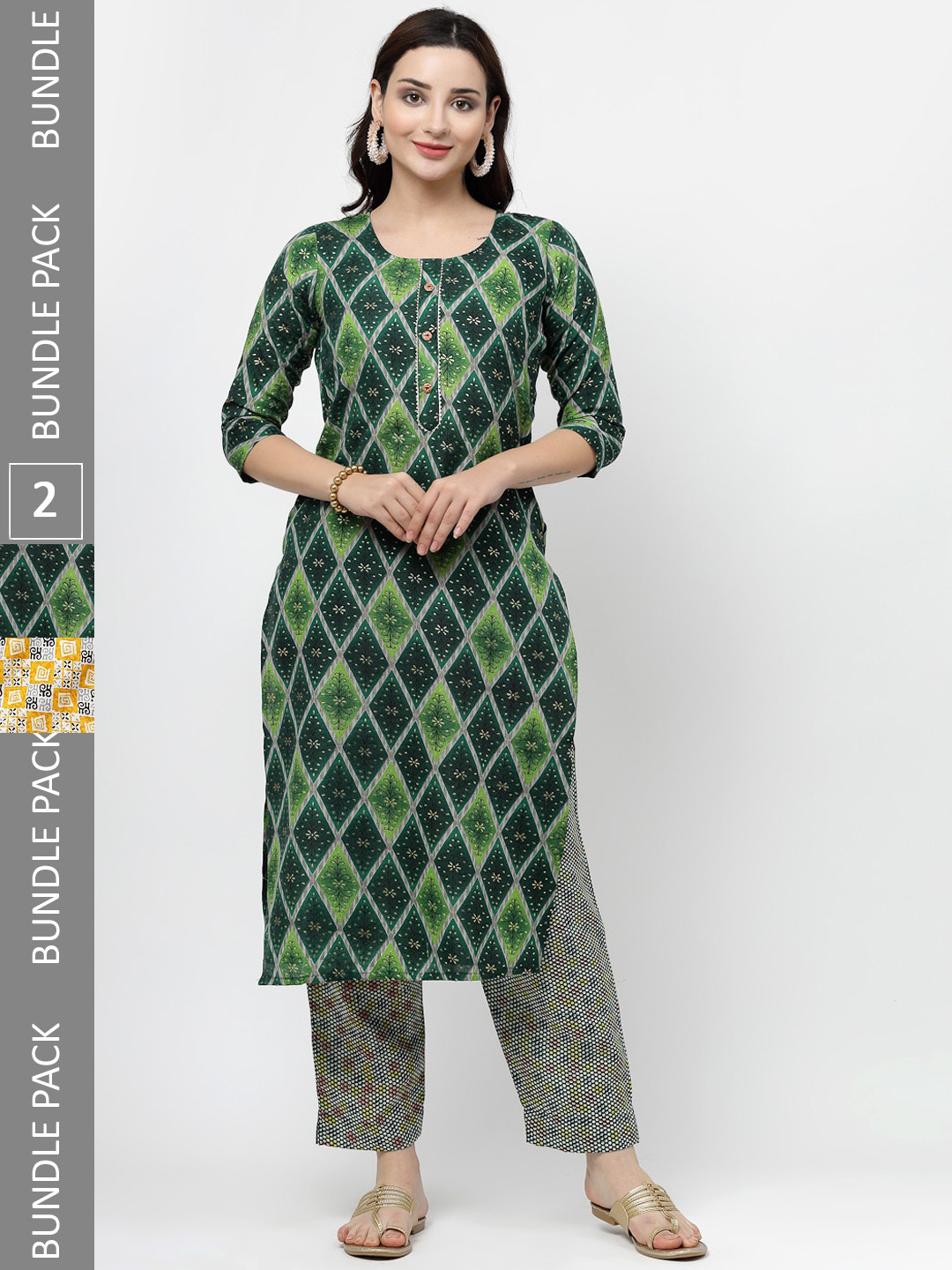 

KALINI Pack Of 2 Ethnic Motifs Printed Pure Cotton Kurta with Trousers, Green