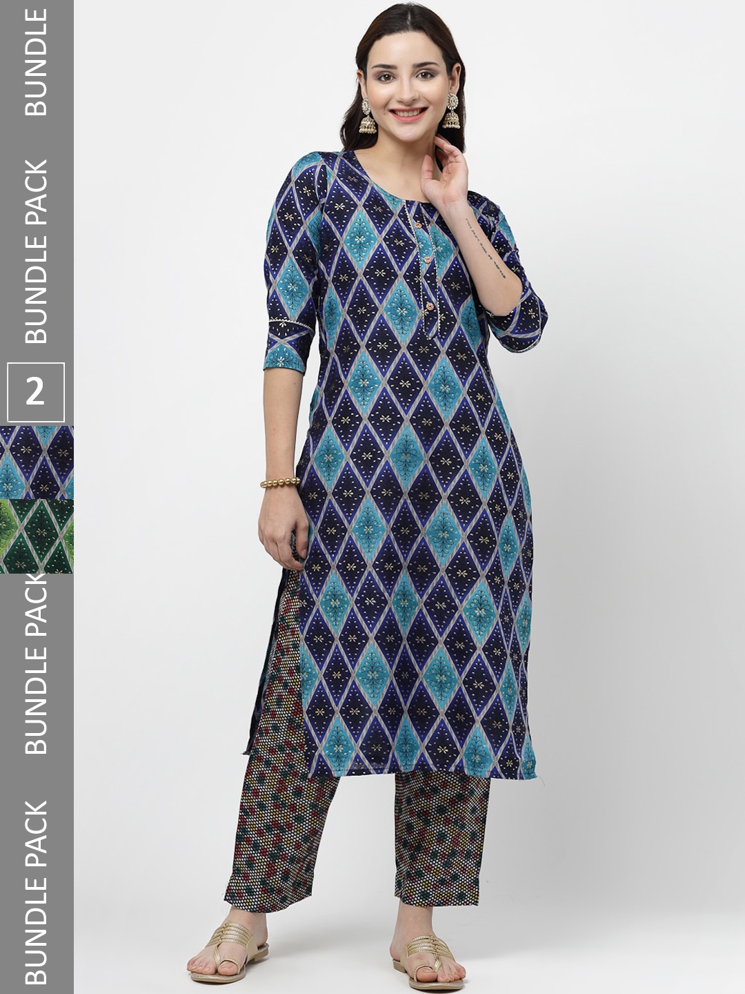 

KALINI Pack of 2 Floral Printed Regular Pure Cotton Kurta with Trousers, Blue