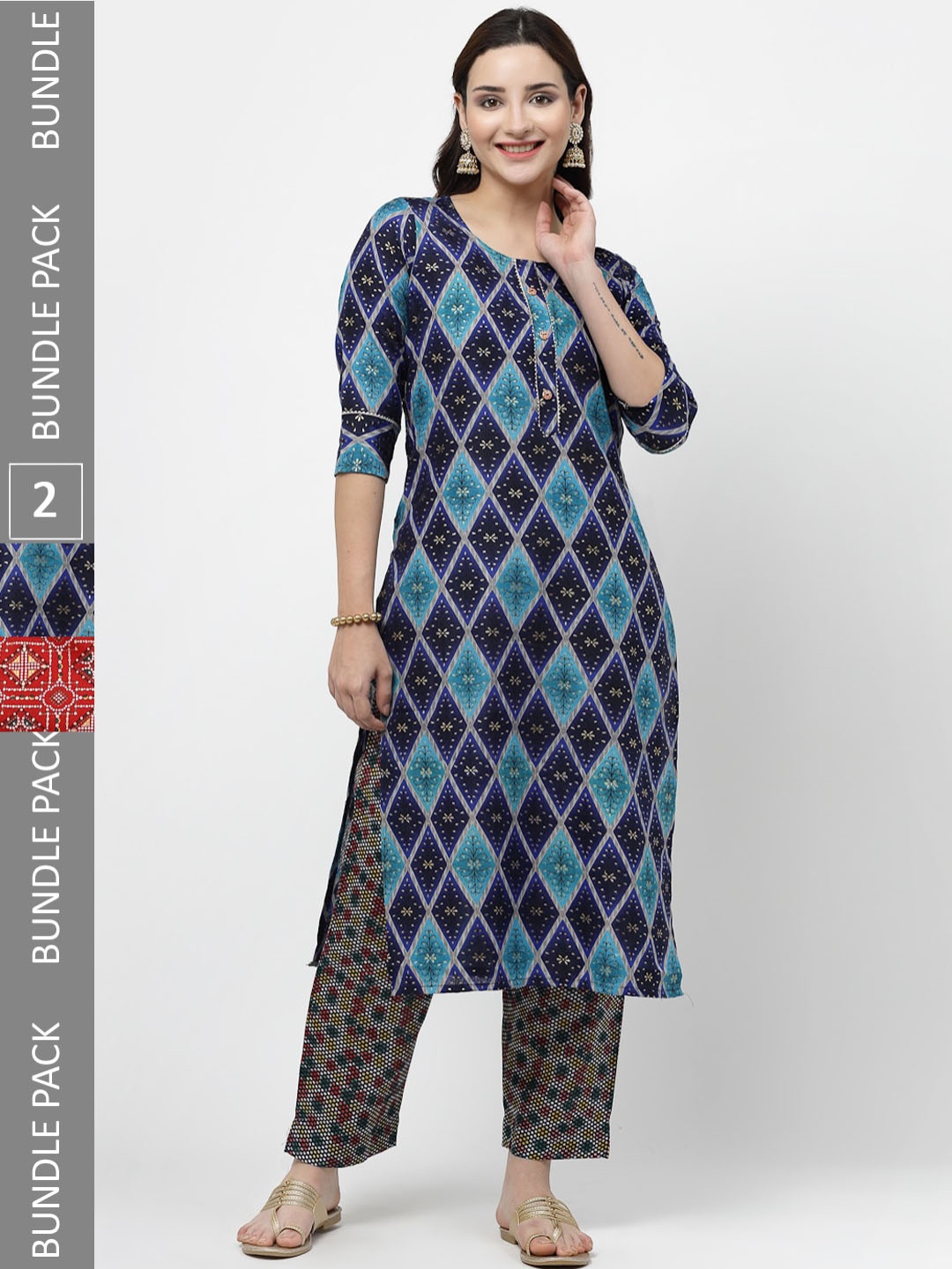 

KALINI Pack of 2 Ethnic Motifs Printed Regular Pure Cotton Kurta with Trousers, Red