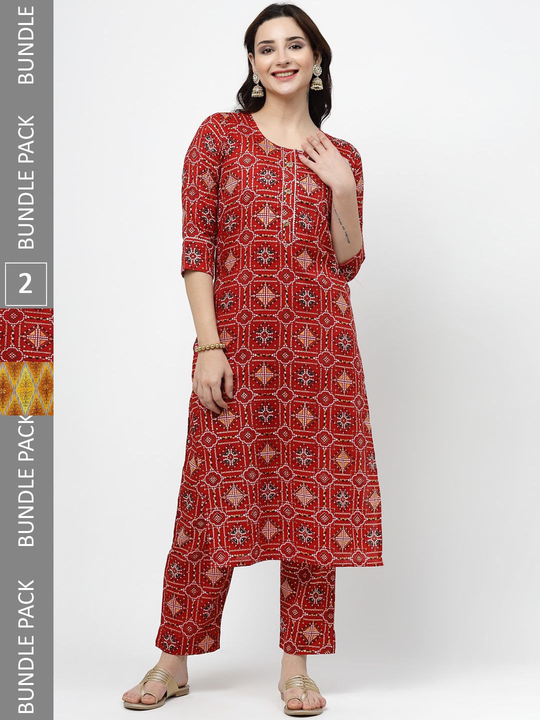 

KALINI Pack of 2 Ethnic Motifs Printed Regular Pure Cotton Kurta with Trousers, Red