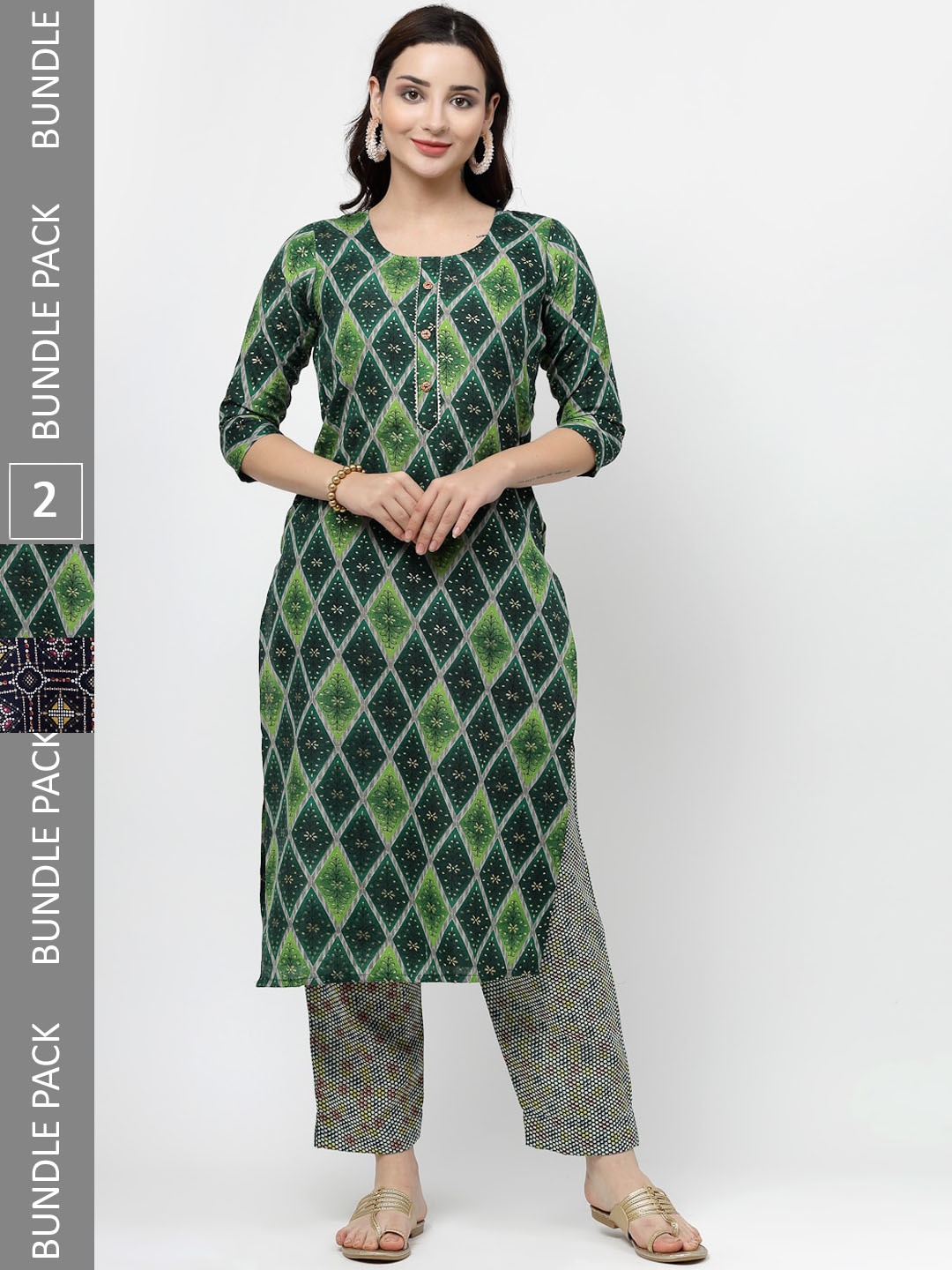 

KALINI Pack of 2 Floral Printed Regular Pure Cotton Kurta with Trousers, Green