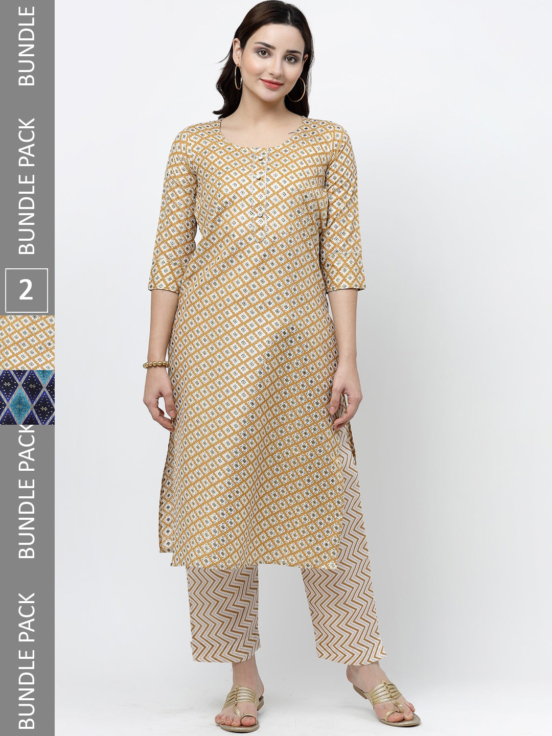 

KALINI Pack of 2 Ethnic Motifs Printed Regular Pure Cotton Kurta with Trousers, Beige