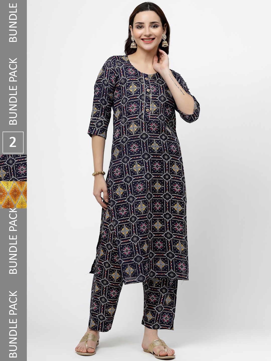 

KALINI Pack of 2 Floral Printed Regular Pure Cotton Kurta with Trousers, Black