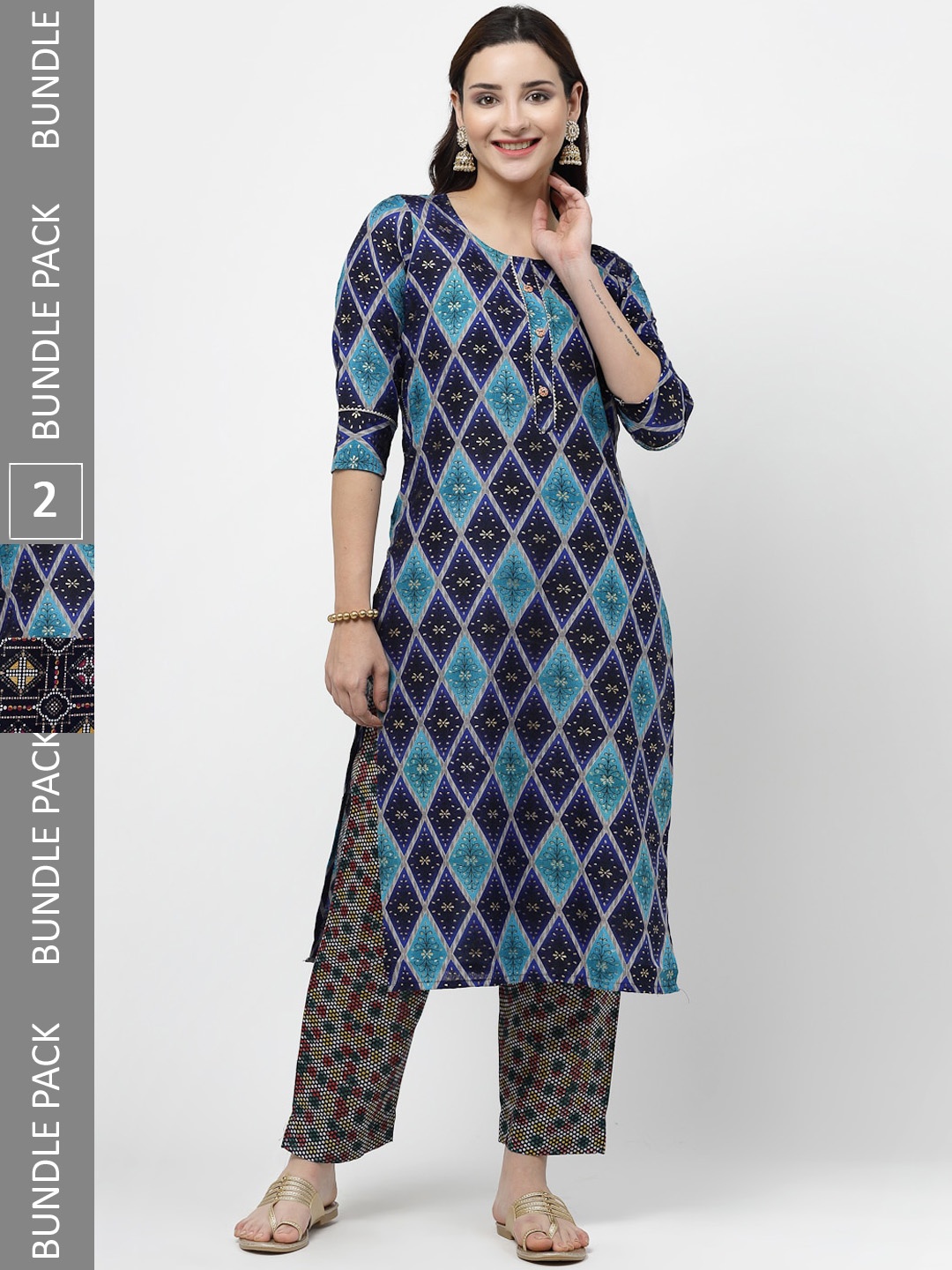 

KALINI Pack of 2 Floral Printed Regular Pure Cotton Kurta with Trousers, Black