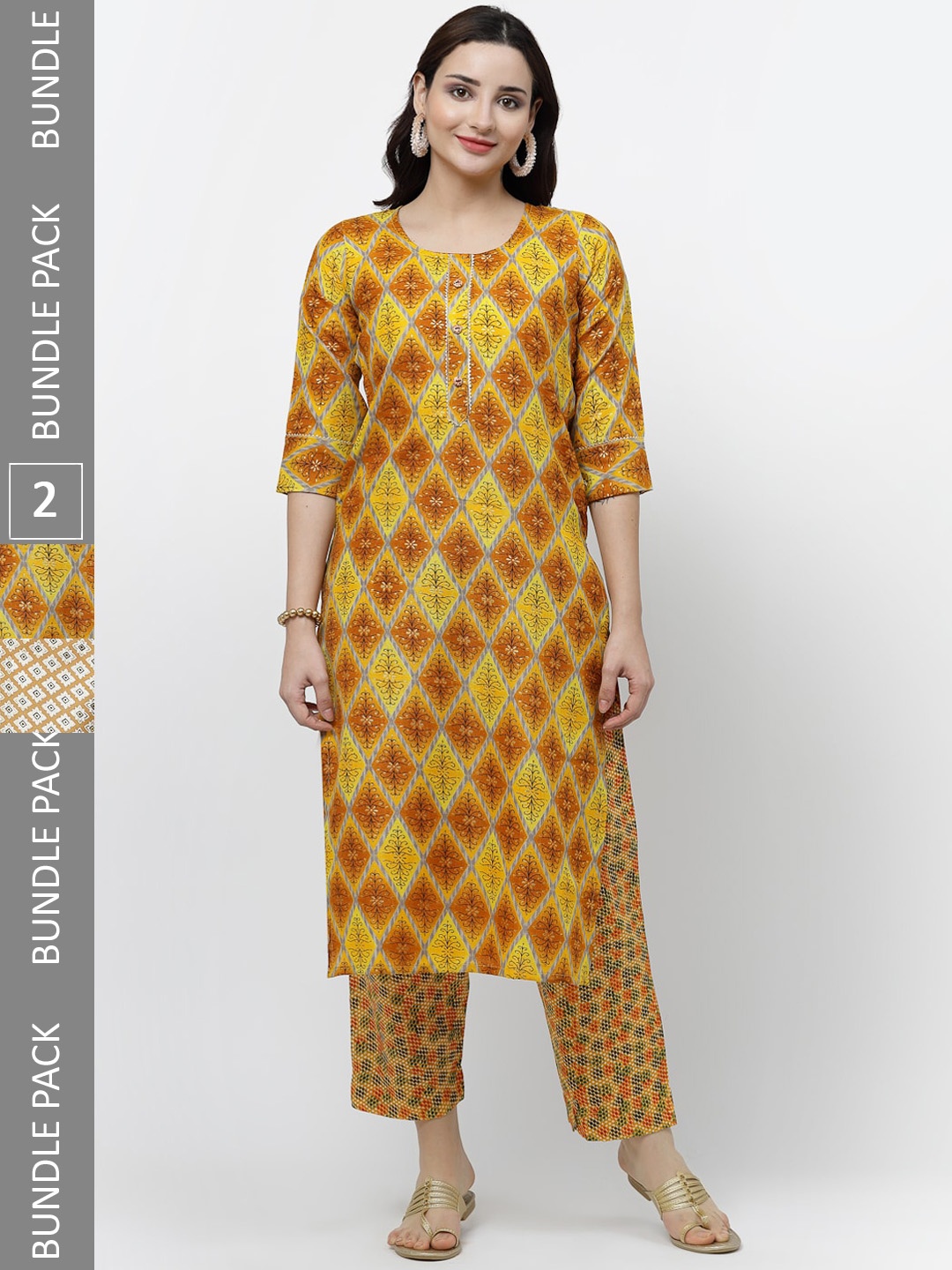 

KALINI Pack of 2 Ethnic Motifs Printed Regular Pure Cotton Kurta with Trousers, Grey