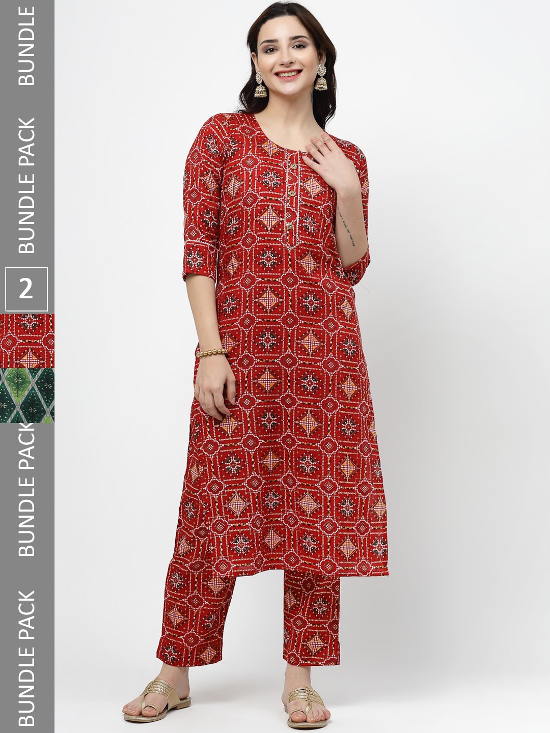 

KALINI Pack Of 2 Ethnic Motifs Printed Pure Cotton Kurta with Trousers, Red