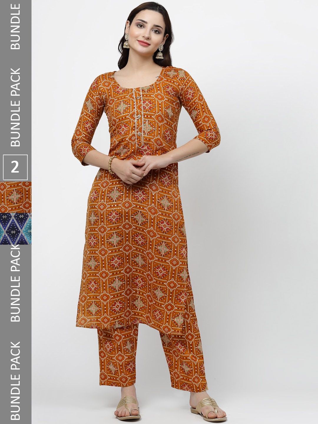

KALINI Pack Of 2 Ethnic Motifs Printed Pure Cotton Kurta with Trousers, Mustard
