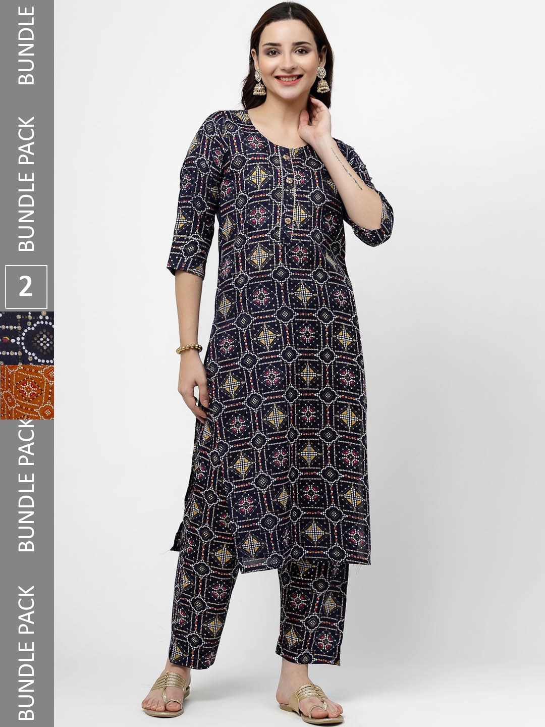 

KALINI Pack Of 2 Ethnic Motifs Printed Pure Cotton Kurta with Trousers, Black