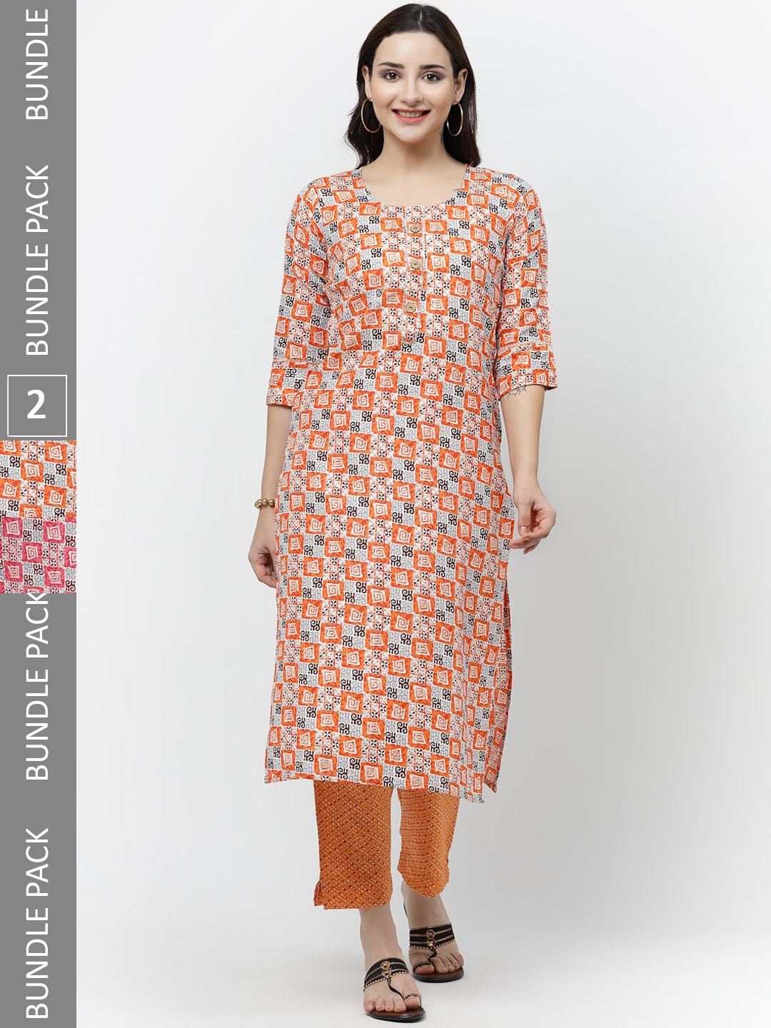 

KALINI Pack Of 2 Geometric Printed Gotta Patti Pure Cotton Kurta With Trousers, Orange