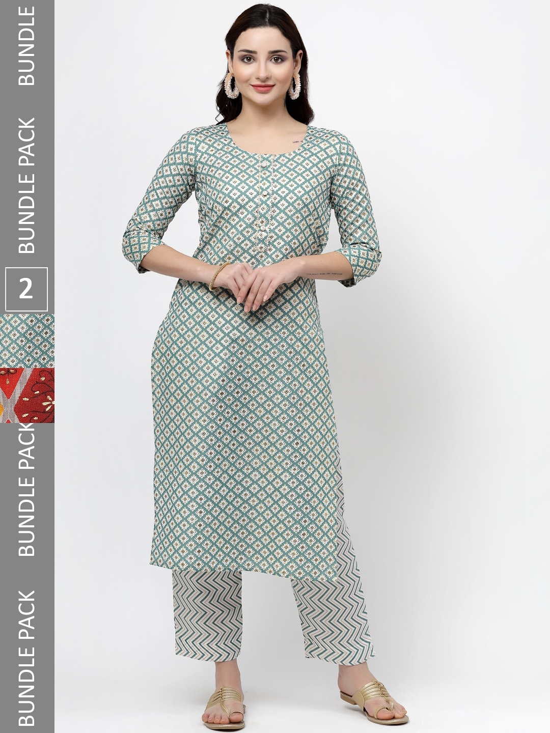 

KALINI Pack Of 2 Printed Gotta Patti Pure Cotton Kurta With Trousers, Grey