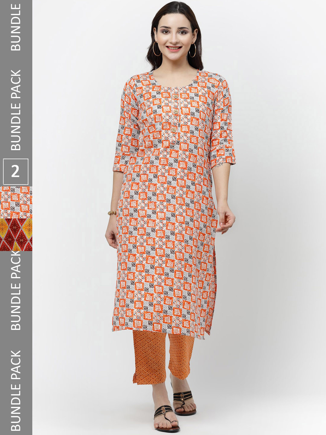 

KALINI Pack Of 2 Ethnic Motifs Printed Pure Cotton Kurta with Trousers, Orange