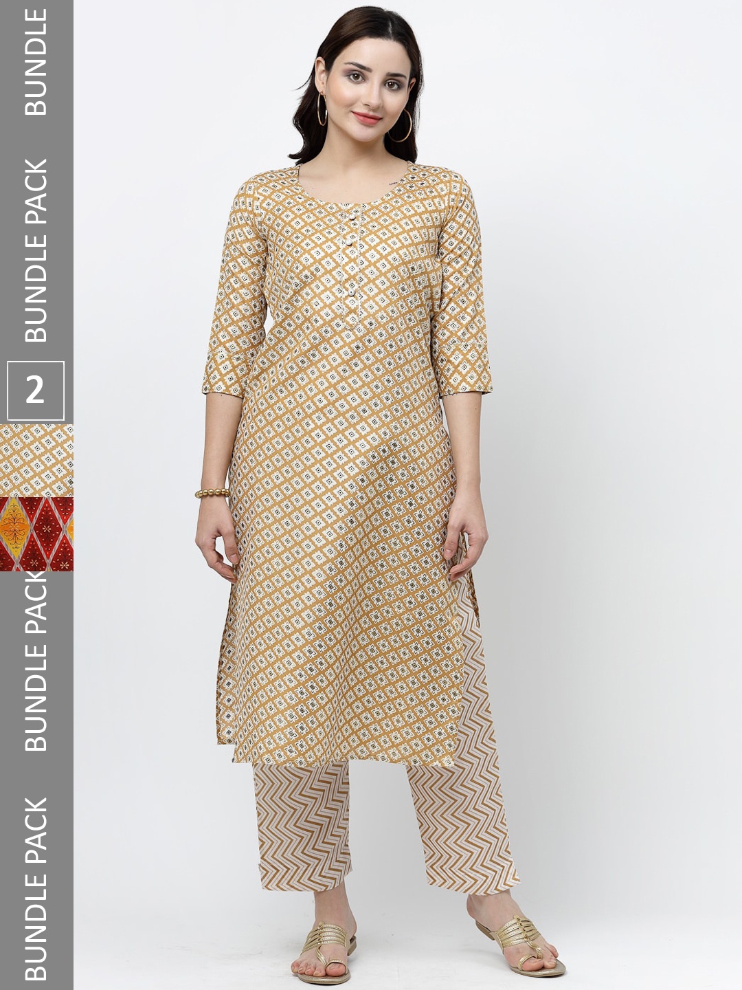 

KALINI Pack of 2 Ethnic Motifs Printed Regular Pure Cotton Kurta with Trousers, Red