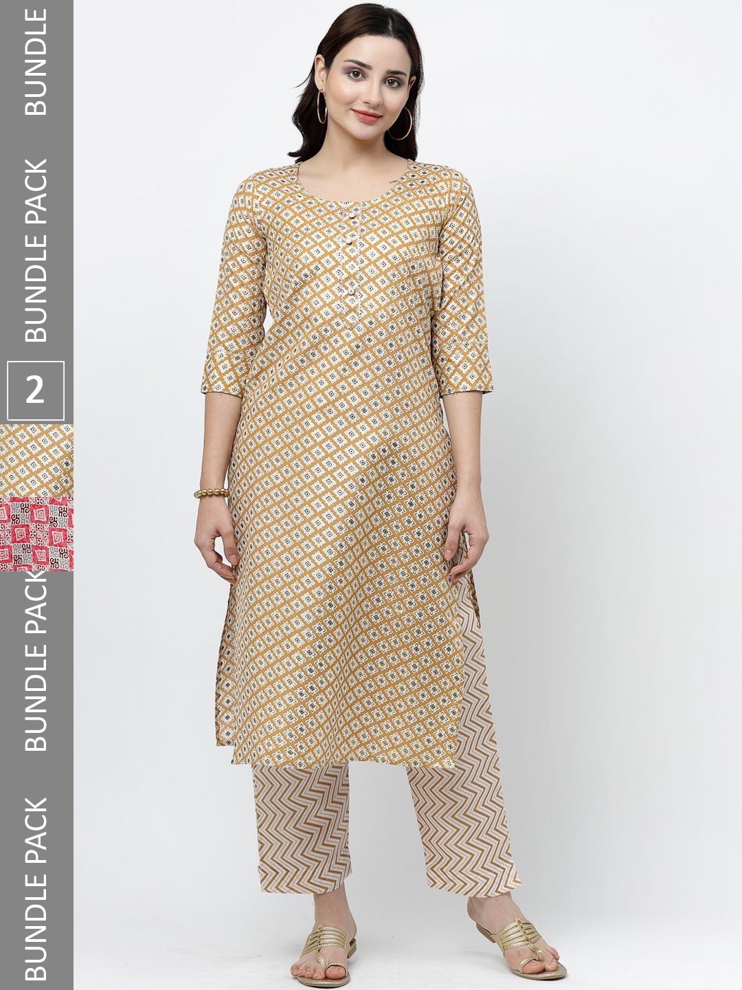 

KALINI Pack Of 2 Ethnic Motifs Printed Pure Cotton Kurta with Trousers, Beige