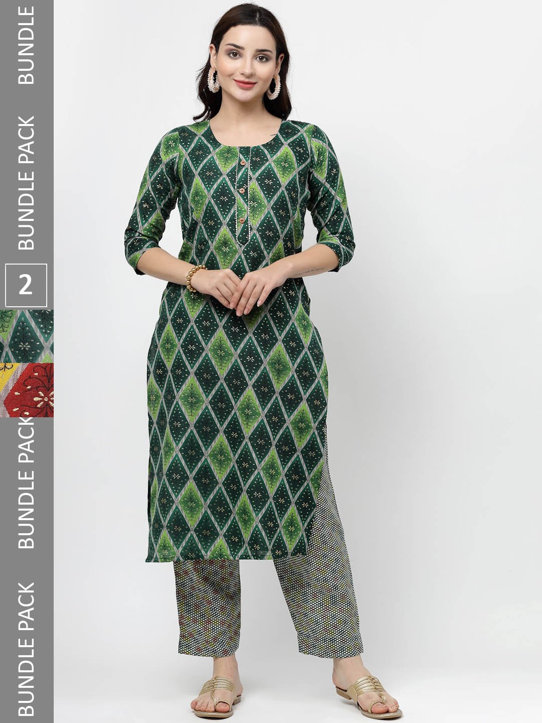 

KALINI Pack Of 2 Ethnic Motifs Printed Pure Cotton Kurta with Trousers, Green