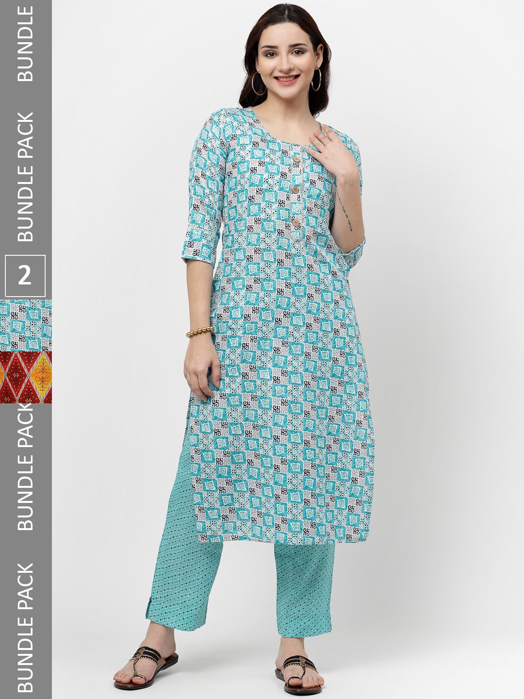 

KALINI Pack Of 2 Printed Gotta Patti Pure Cotton Kurta With Trousers, Turquoise blue