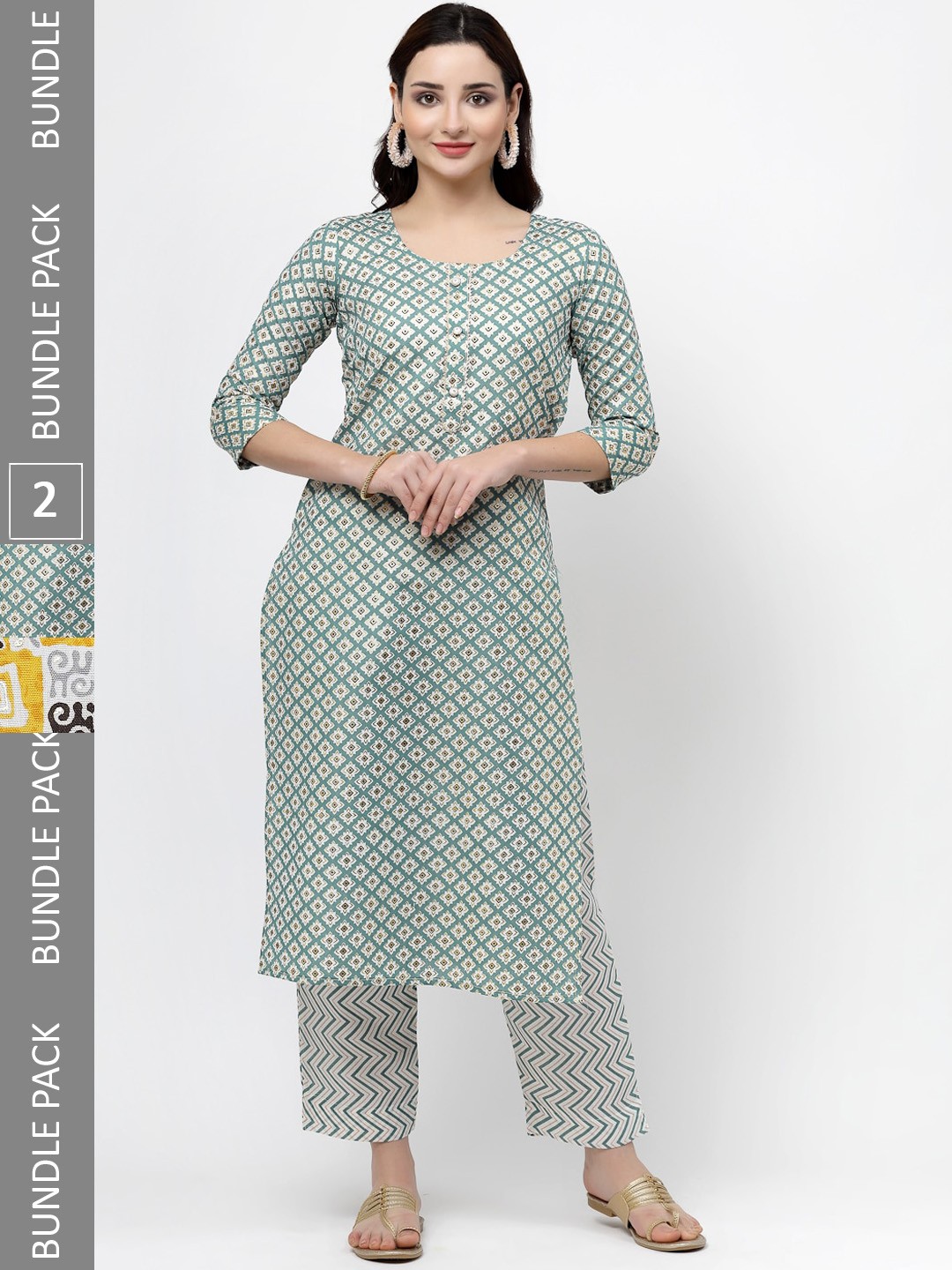 

KALINI Pack Of 2 Geometric Printed Gotta Patti Pure Cotton Kurta With Trousers, Yellow