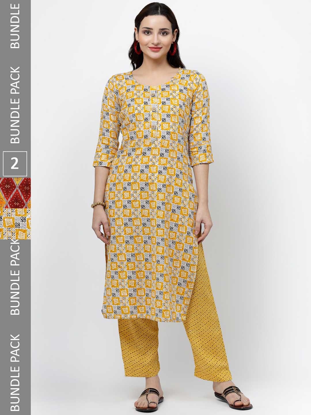 

KALINI Pack Of 2 Ethnic Motifs Printed Pure Cotton Kurta with Trousers, Yellow