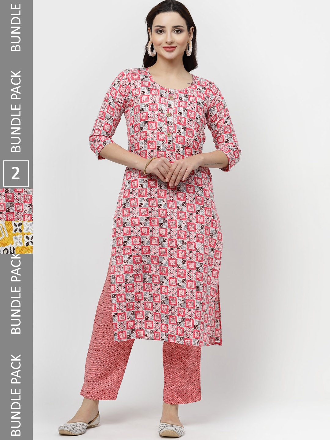 KALINI Pack of 2 Printed Regular Pure Cotton Kurta with Trousers, Yellow