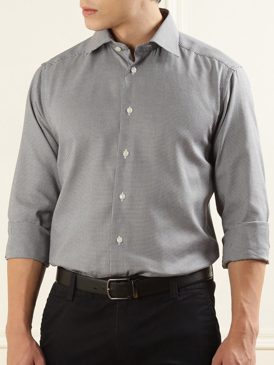

Eton Spread Collar Houndstooth Printed Cotton Formal Shirt, Black