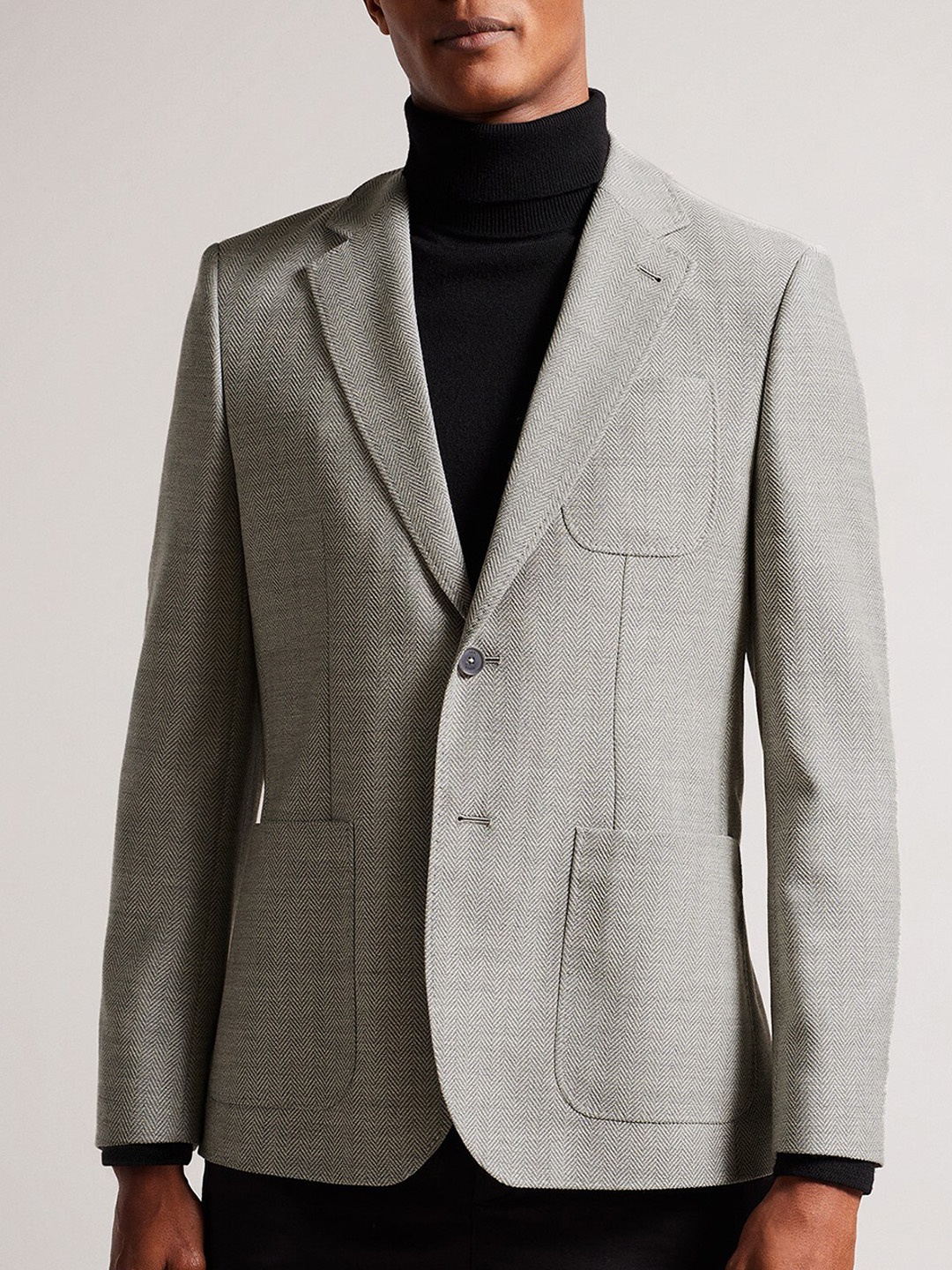 

Ted Baker Wool Single Breasted Notched Lapel Herringbone Knit Blazer, Grey