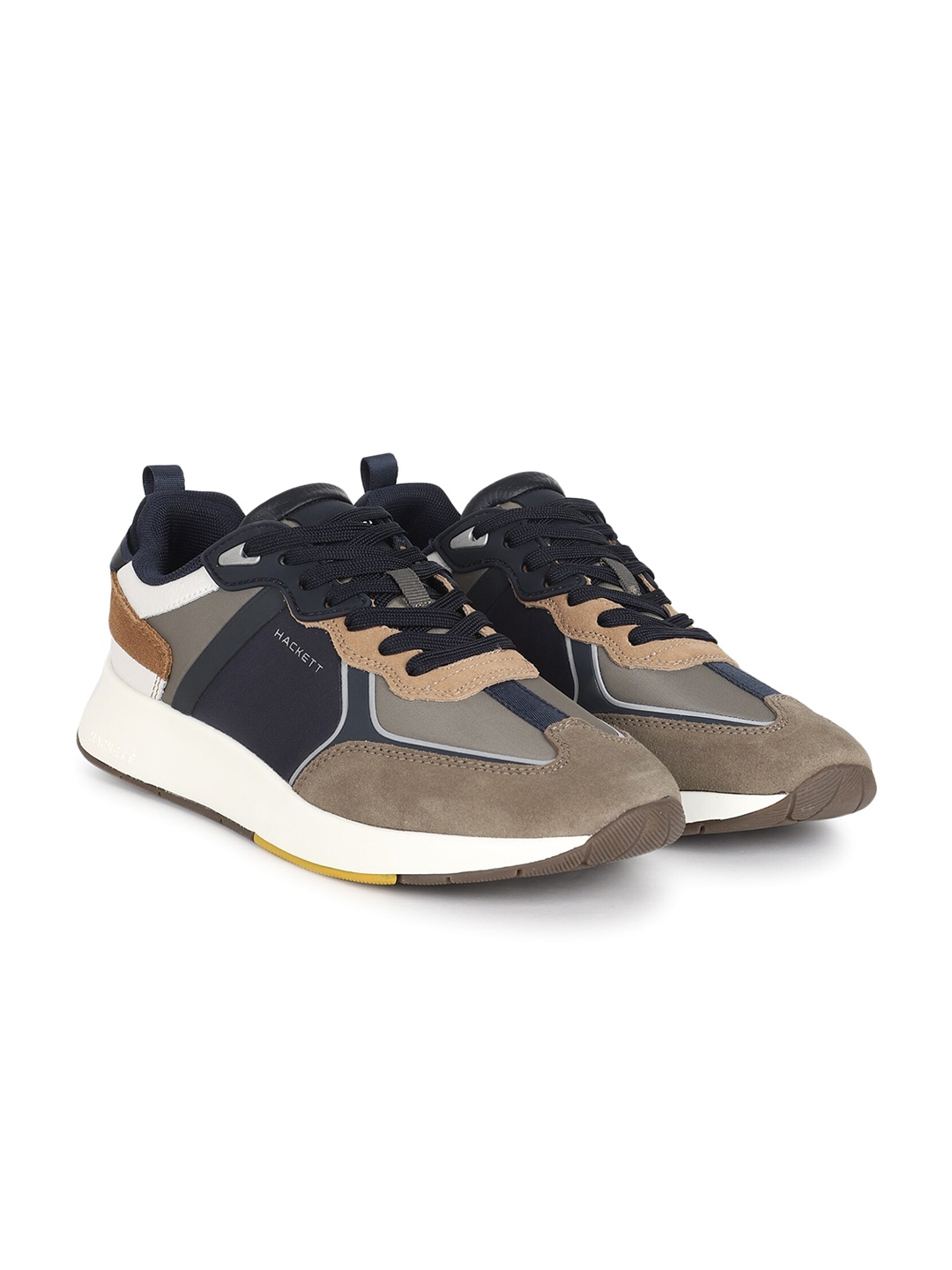 

HACKETT LONDON Men Colourblocked Leather Sneakers, Khaki