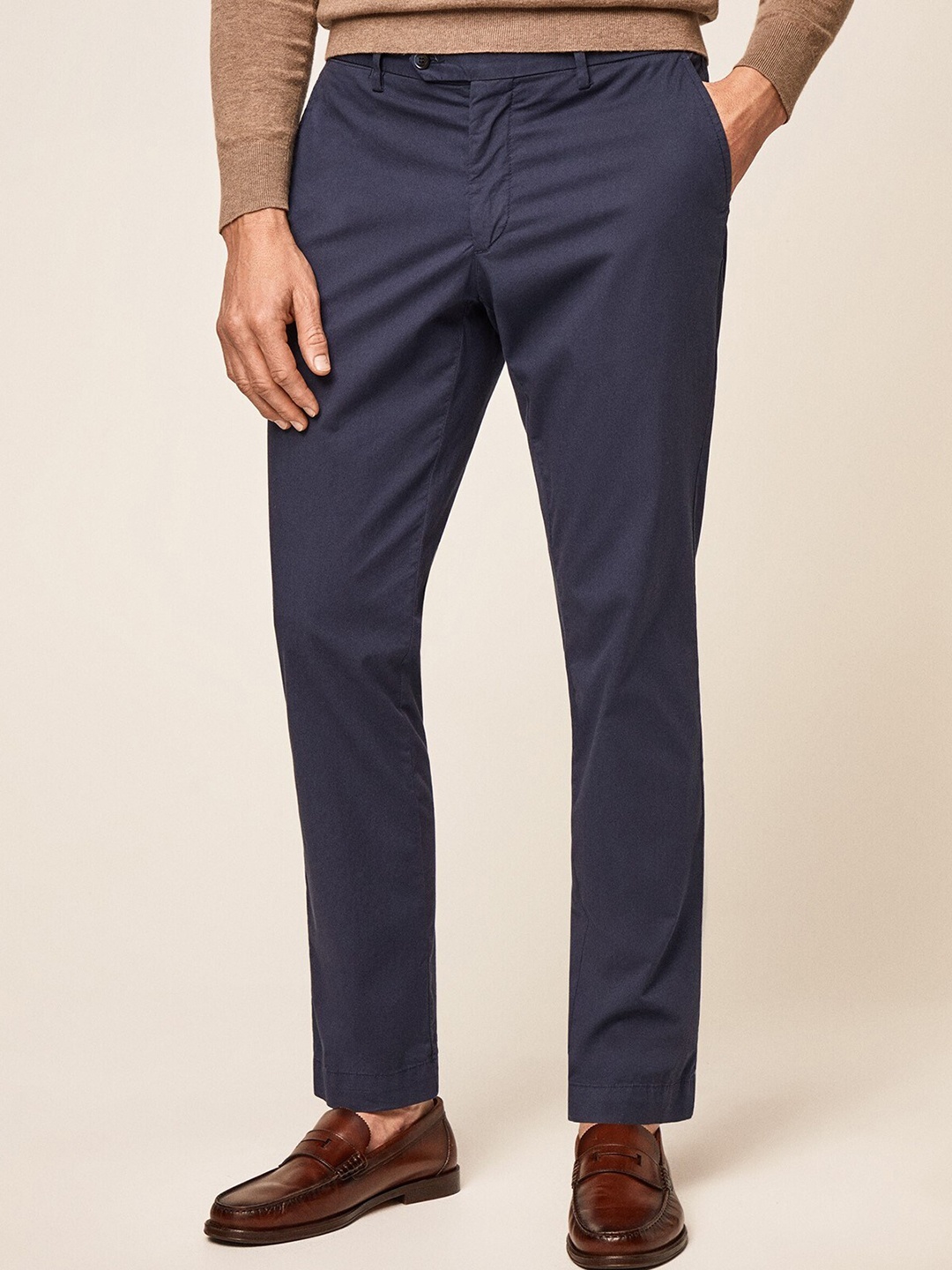 HACKETT LONDON Men Slim Fit Plain Cotton Formal Trousers, Navy blue