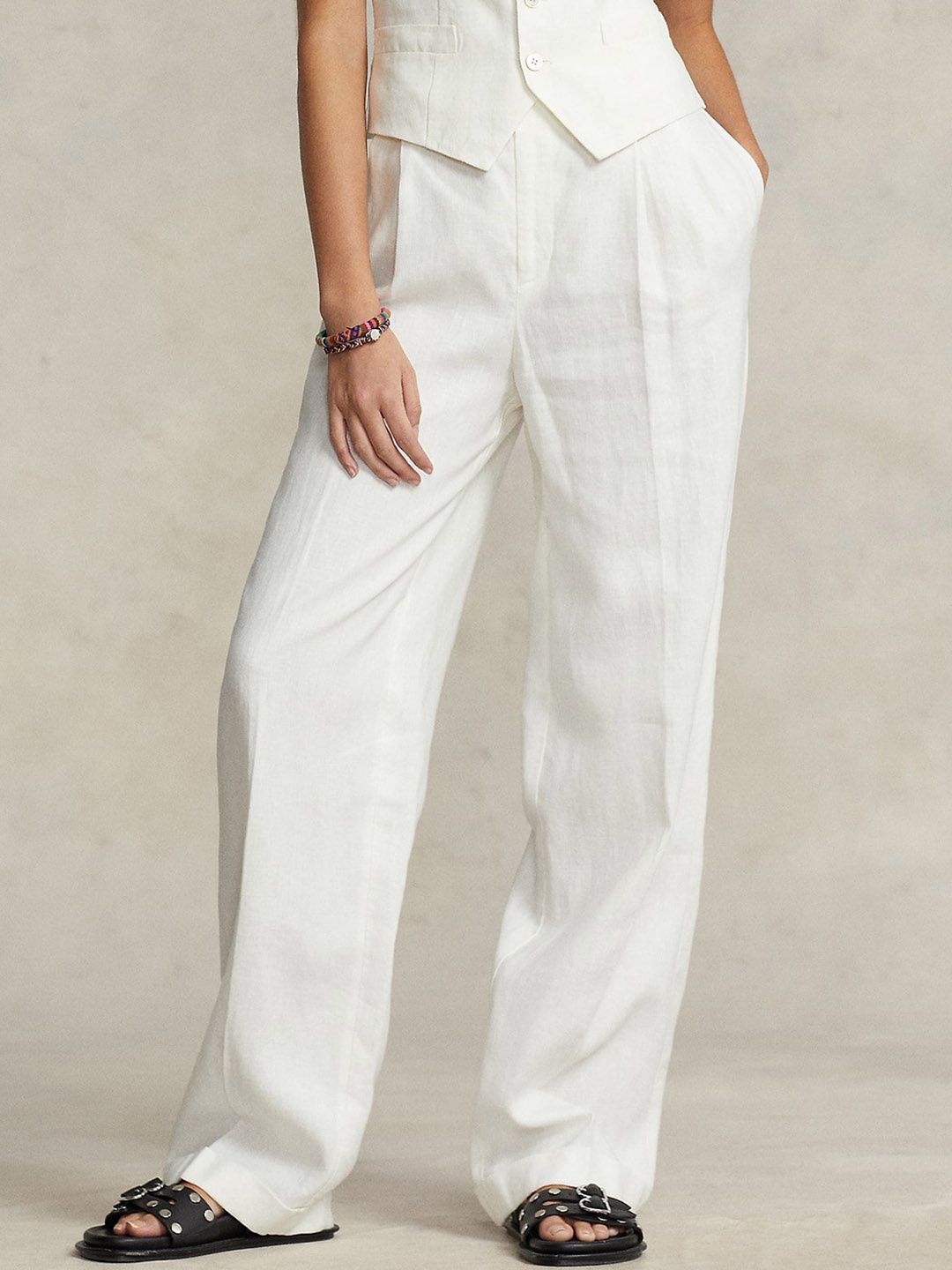 

Polo Ralph Lauren Women Pleated Linen Parallel Trousers, Off white