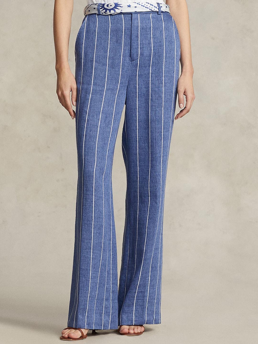 

Polo Ralph Lauren Women Striped Wide-Leg Linen Trousers, Blue