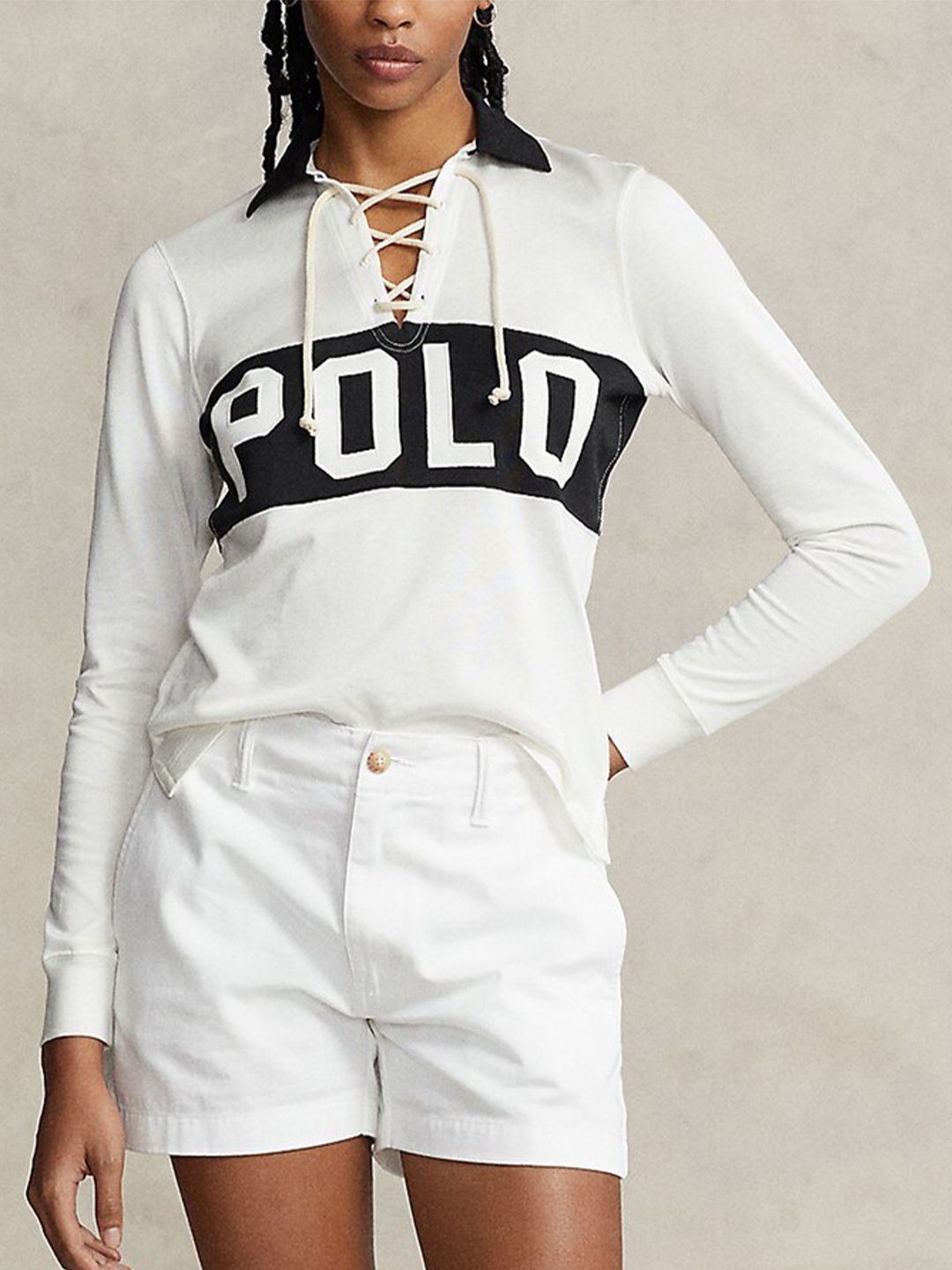 

Polo Ralph Lauren Typography Printed Polo Collar Cotton Lace-Up Jersey T-Shirt, Off white