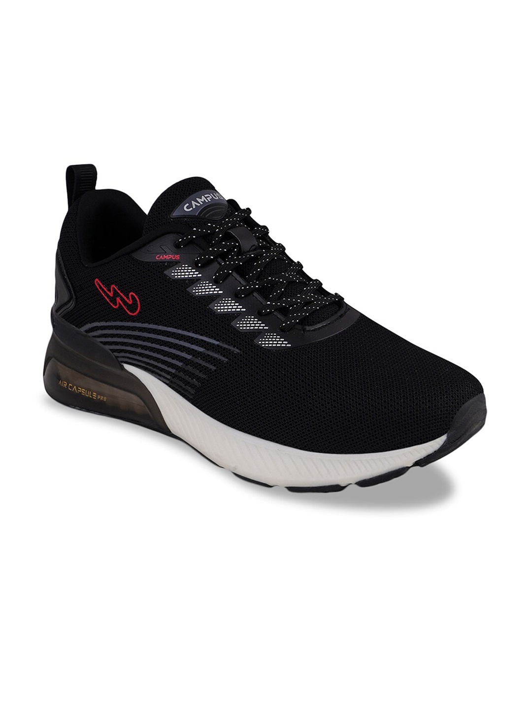 Campus Men Mesh Lace-Up Running Shoes, Black