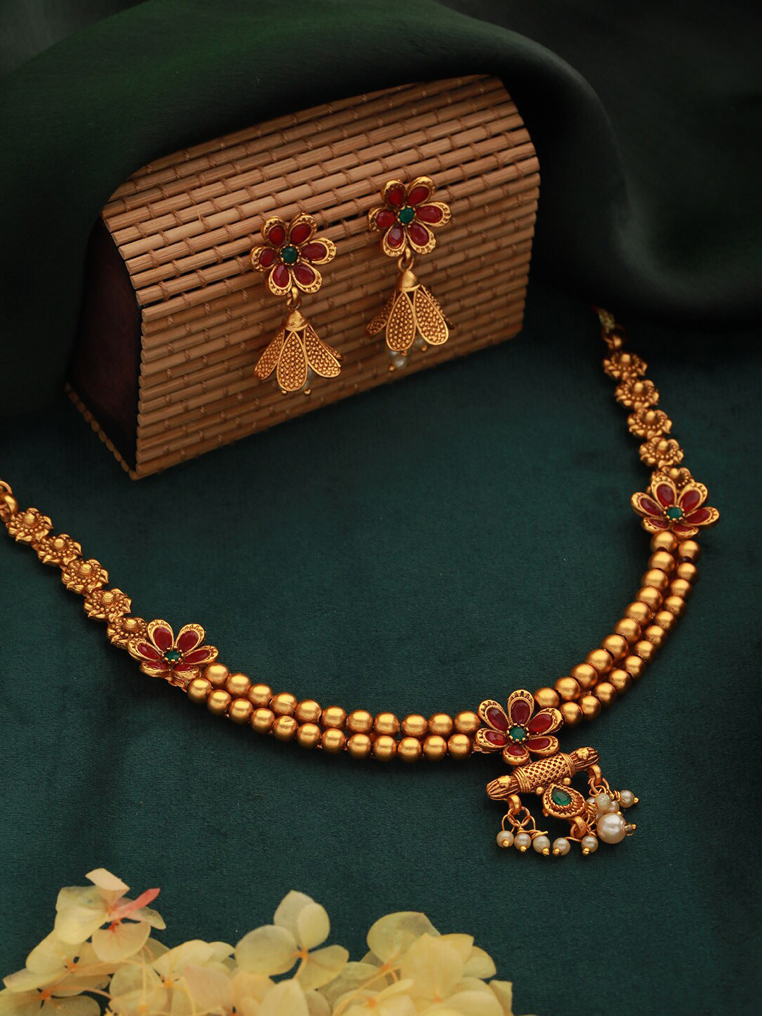 

Jazz and Sizzle Gold-Plated Stone-Studded & Beaded Temple Necklace & Earrings