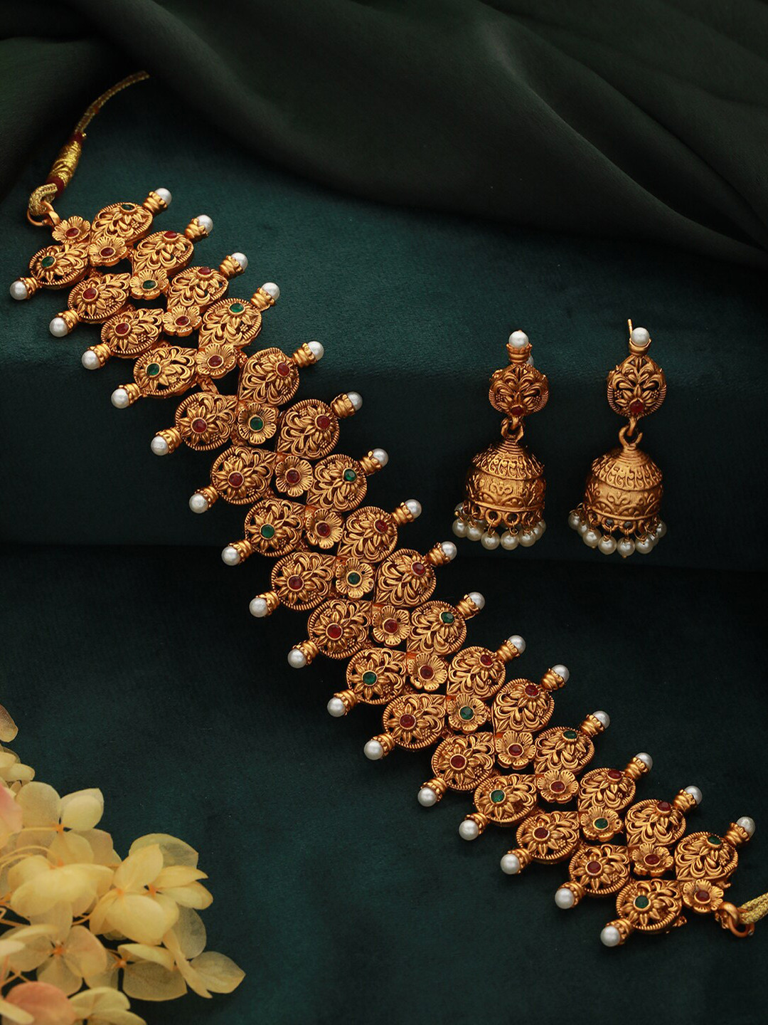 

Jazz and Sizzle 24KT Gold-Plated Stone-Studded & Beaded Temple Necklace & Earrings