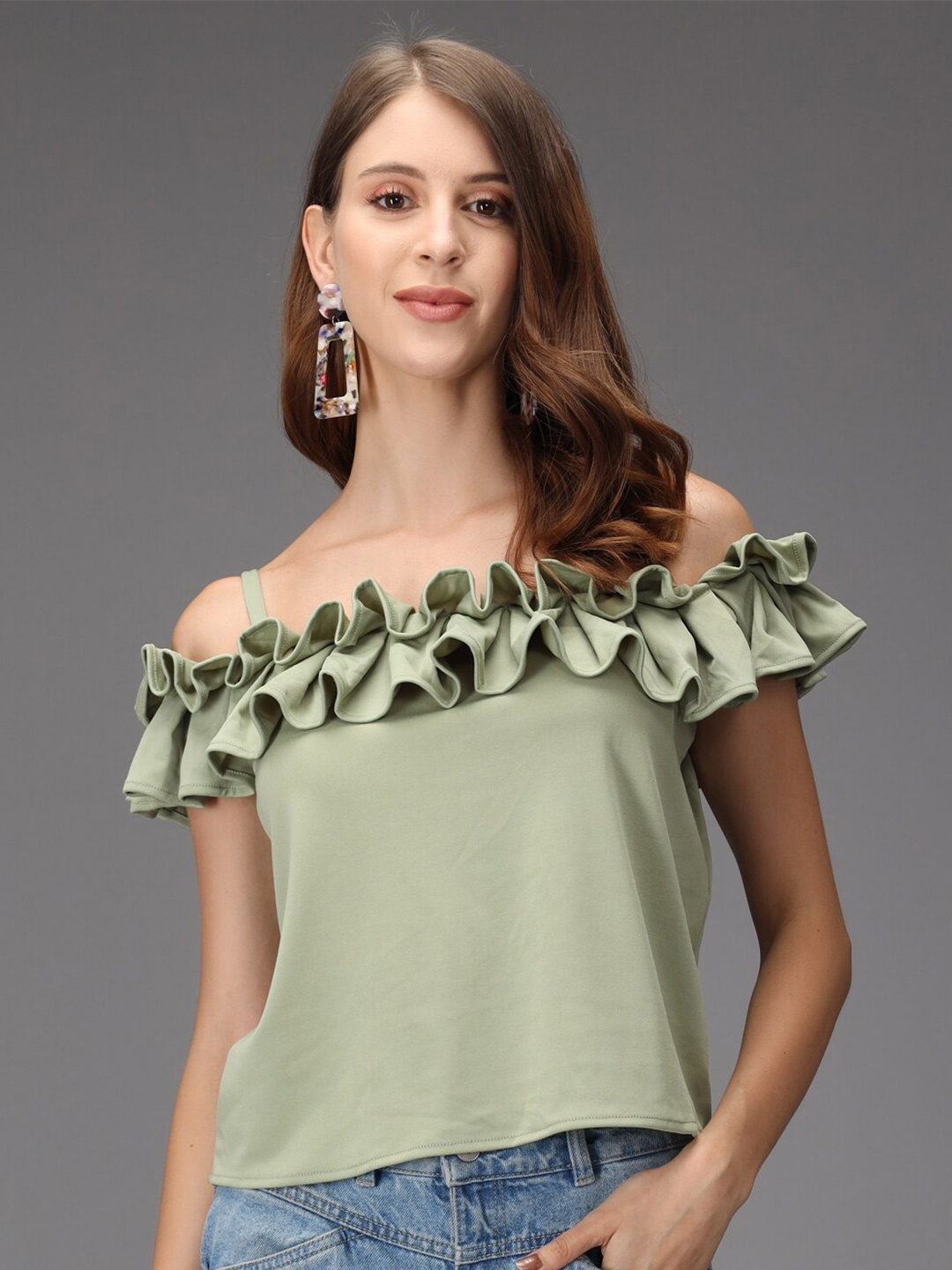 

BAESD Off-Shoulder Ruffle Bardot Top, Green