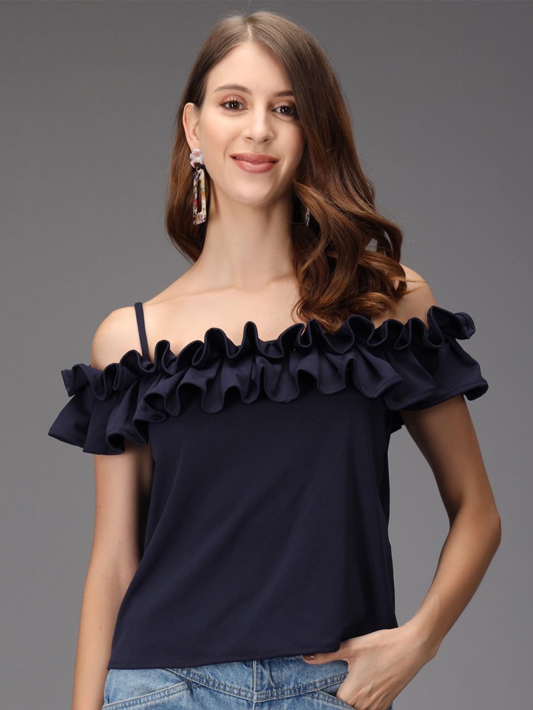 

BAESD Shoulder Straps Ruffled Bardot Top, Blue