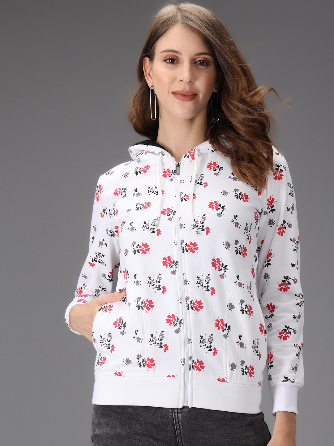 

BAESD Floral Printed Hooded Fleece Sweatshirt, White