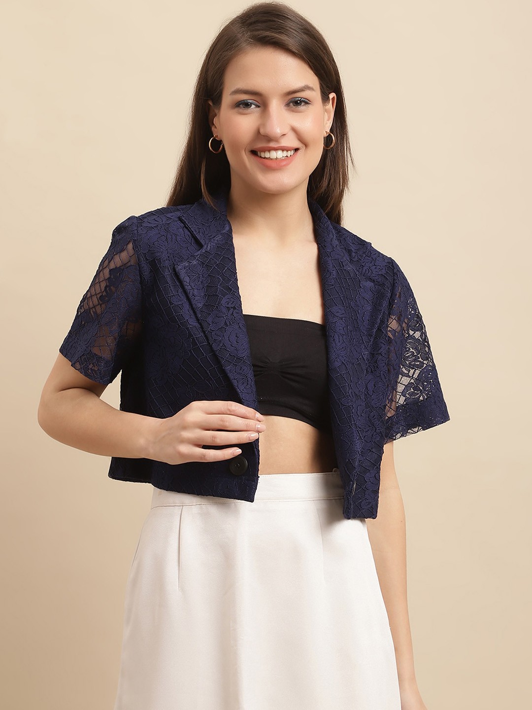 

Just Wow Self Design Cotton Crop Open Front Blazer, Navy blue