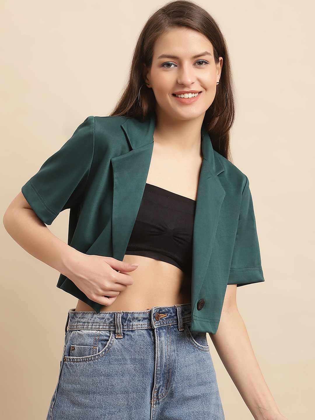 

Just Wow Cotton Crop Open Front Blazer, Green
