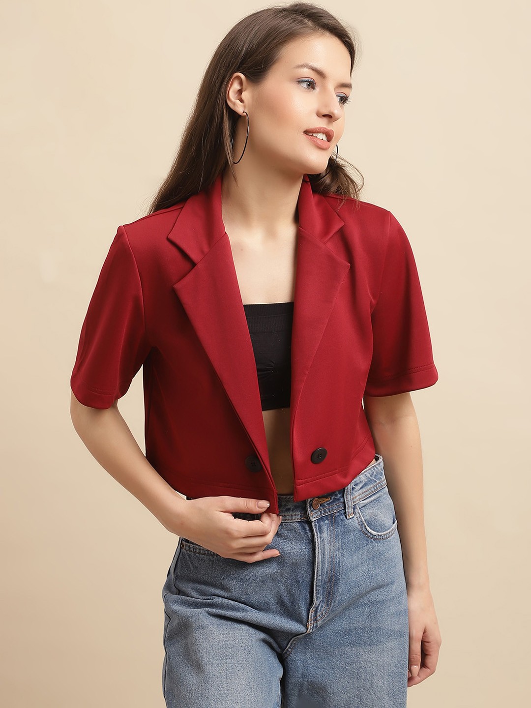 

Just Wow Cotton Crop Open Front Blazer, Maroon