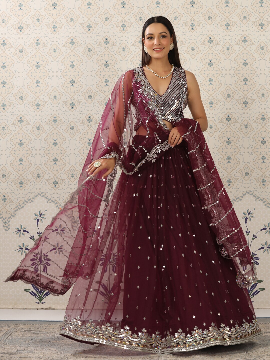 

Ode by House of Pataudi Burgundy & Silver-Toned Semi-Stitched Lehenga & Unstitched Blouse