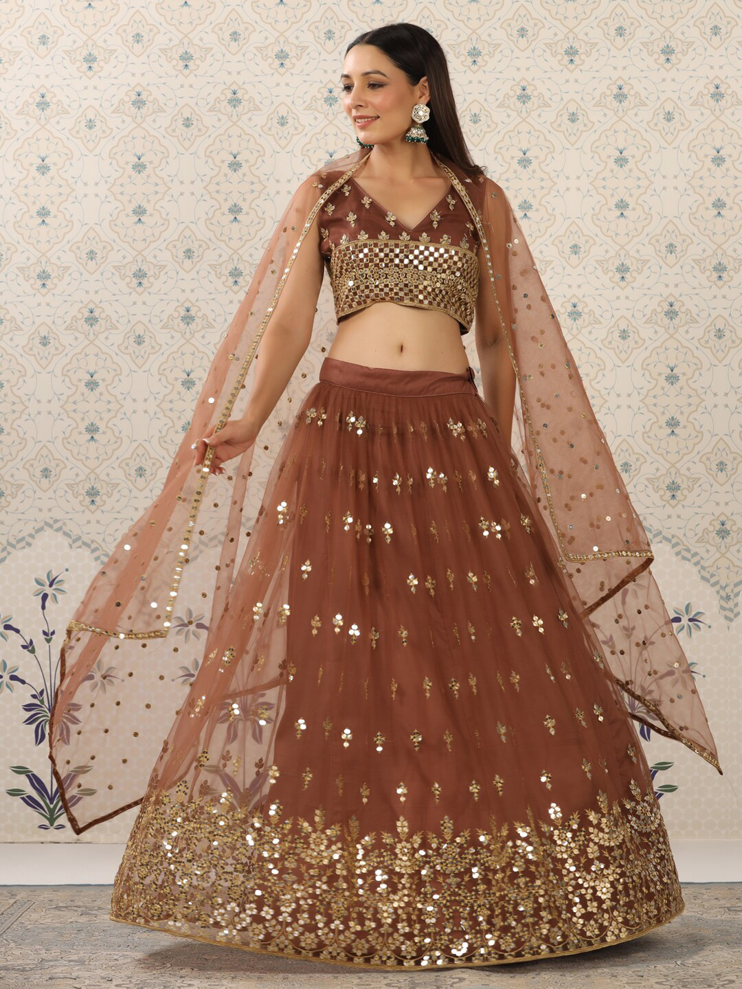 

Ode by House of Pataudi Burgundy & Gold-Toned Semi-Stitched Lehenga & Unstitched Blouse