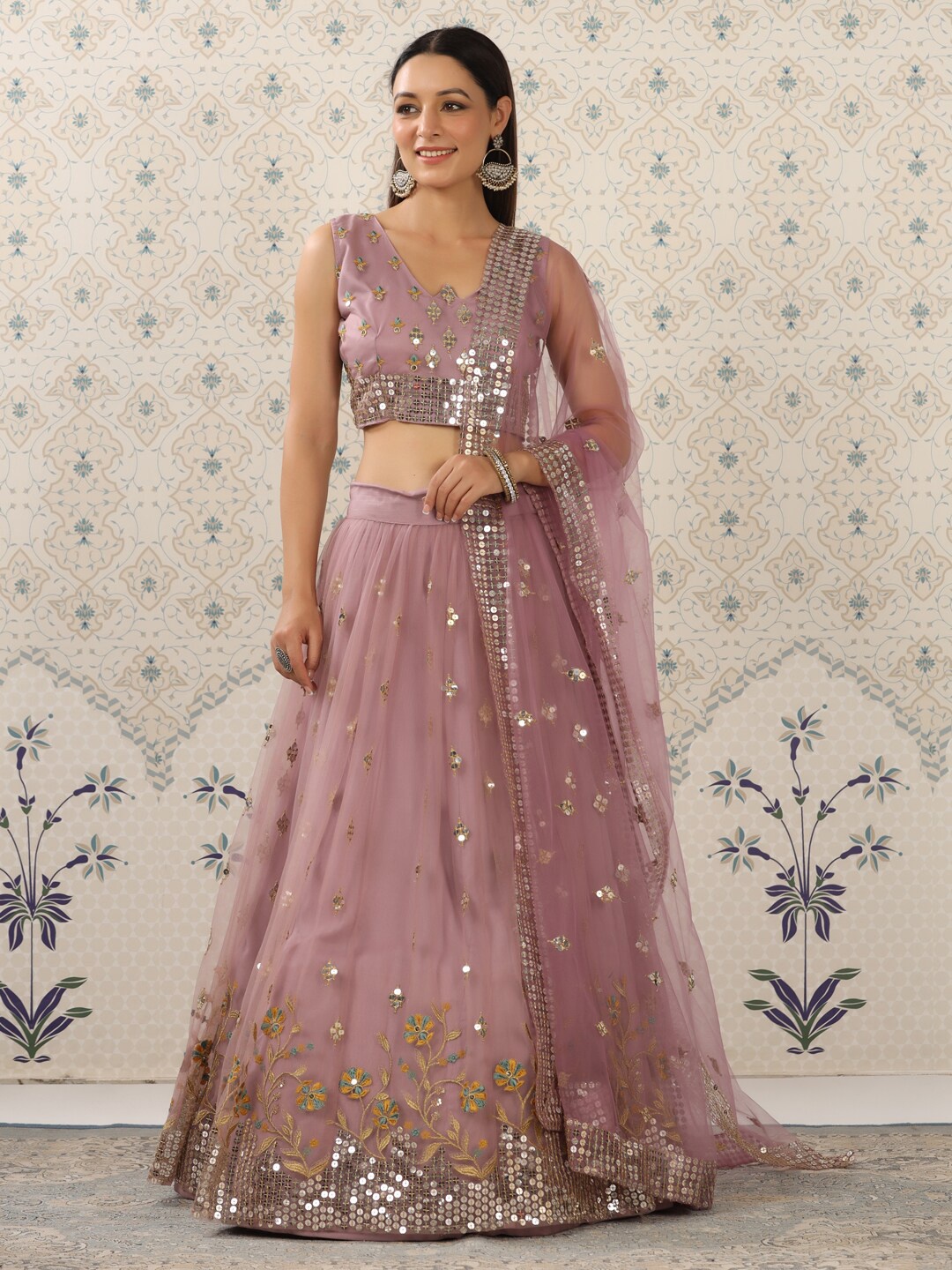 

Ode by House of Pataudi Pink & Grey Embroidered Semi-Stitched Lehenga & Unstitched Blouse