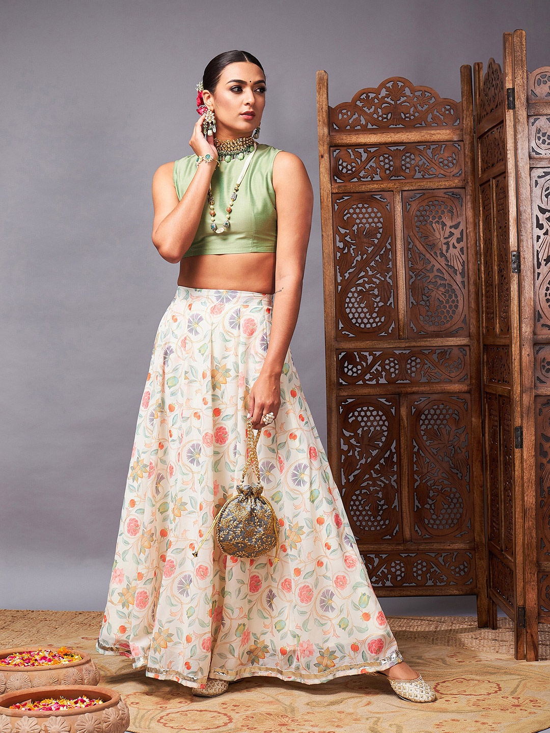 

Shae by SASSAFRAS Green & Off White Floral Printed Ready to Wear Lehenga & Choli
