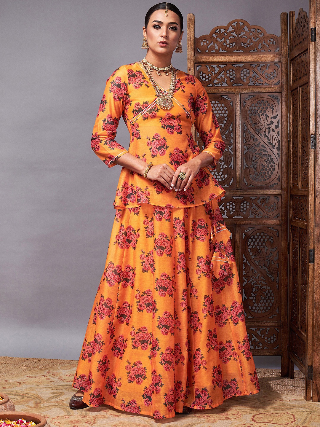 

Shae by SASSAFRAS Mustard & Peach-Coloured Printed Ready to Wear Lehenga & Choli