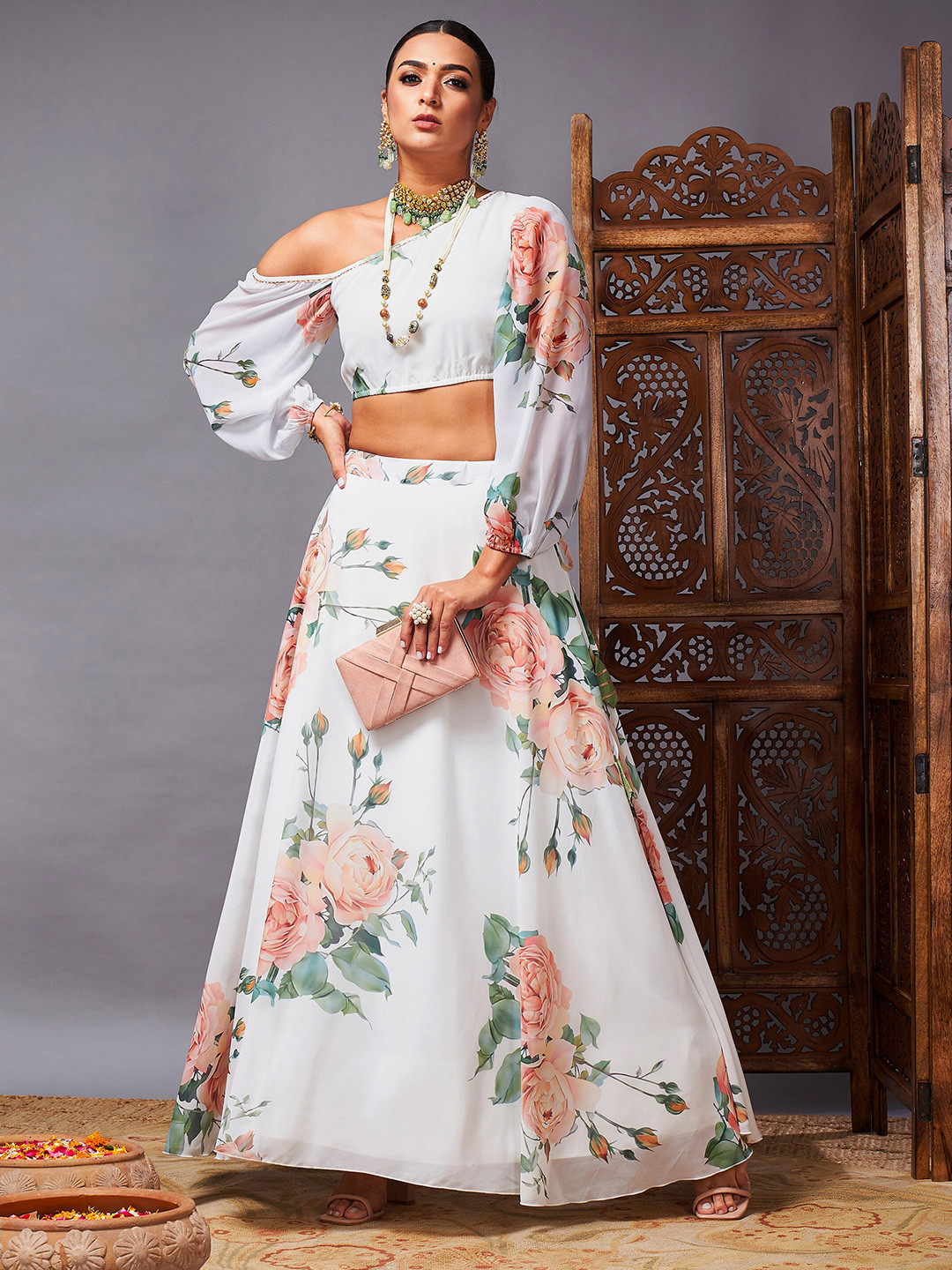 

Shae by SASSAFRAS White & Rose Printed Ready to Wear Lehenga & Choli