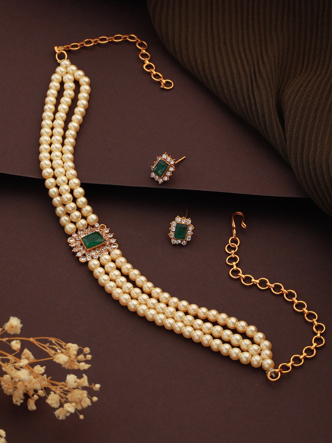 

Jazz and Sizzle Gold-Plated Green Stone-Studded & Beaded Choker Necklace & Earrings