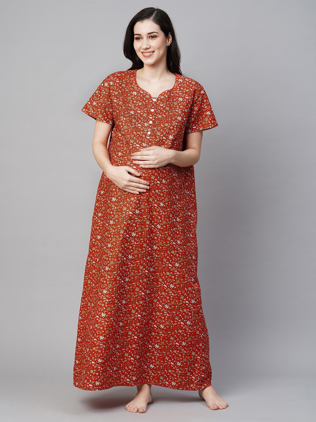 

MomToBe Floral Printed Pure Cotton Maternity Maxi Sustainable Nightdress, Red