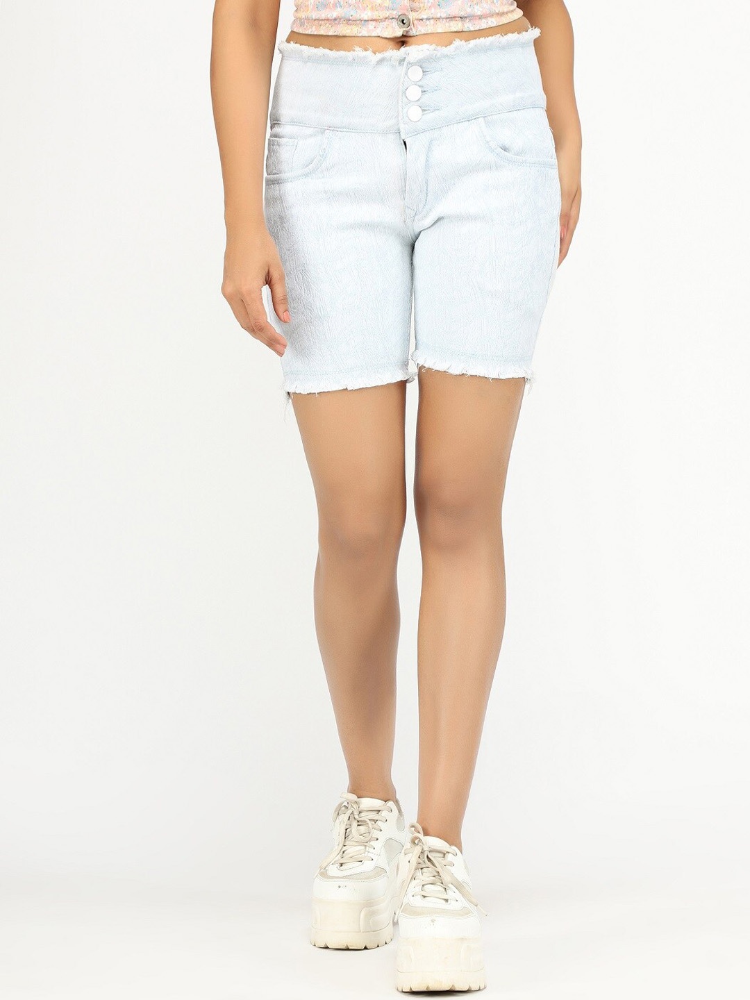 AngelFab Women Mid-Rise Cotton Denim Shorts, White