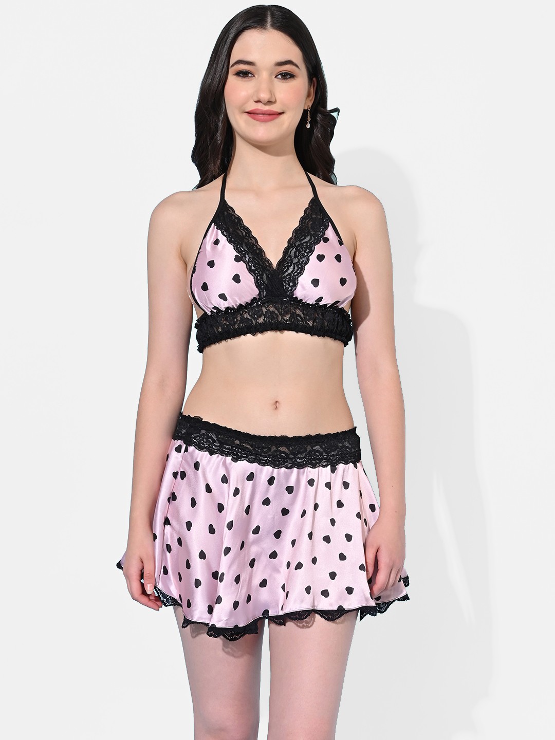 

StyFun Printed Halter Neck Satin Baby Dolls, Pink