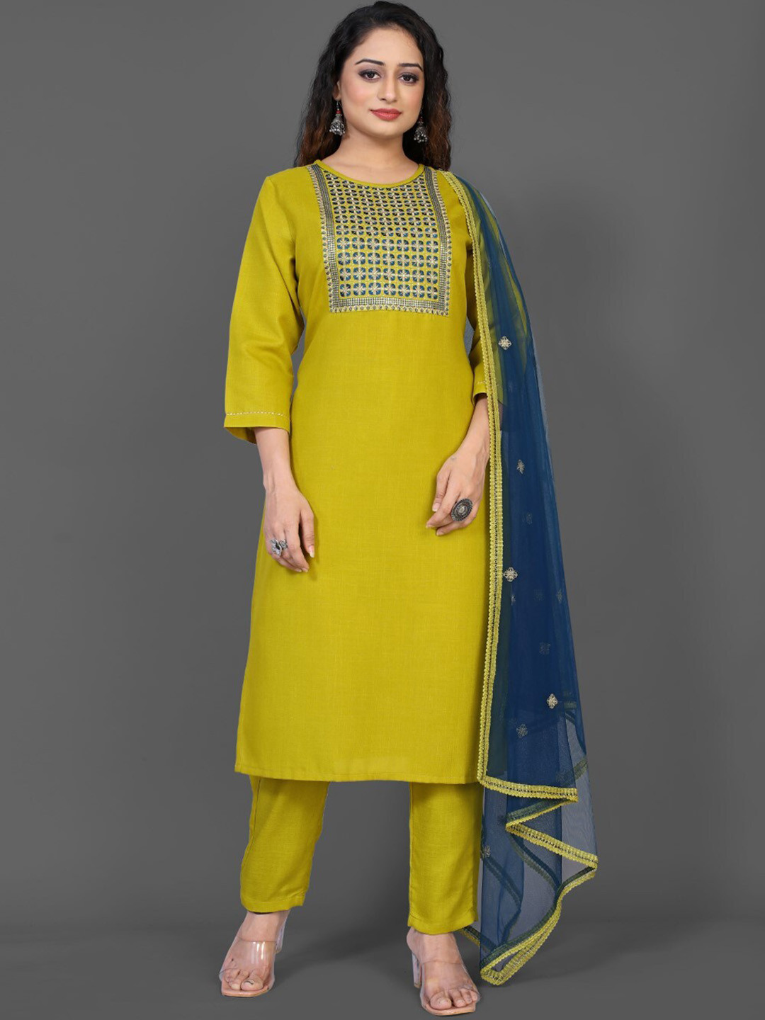 

FAVRIZ Thread Work Yoke Designed Regular Kurta with Trousers & Dupatta, Yellow